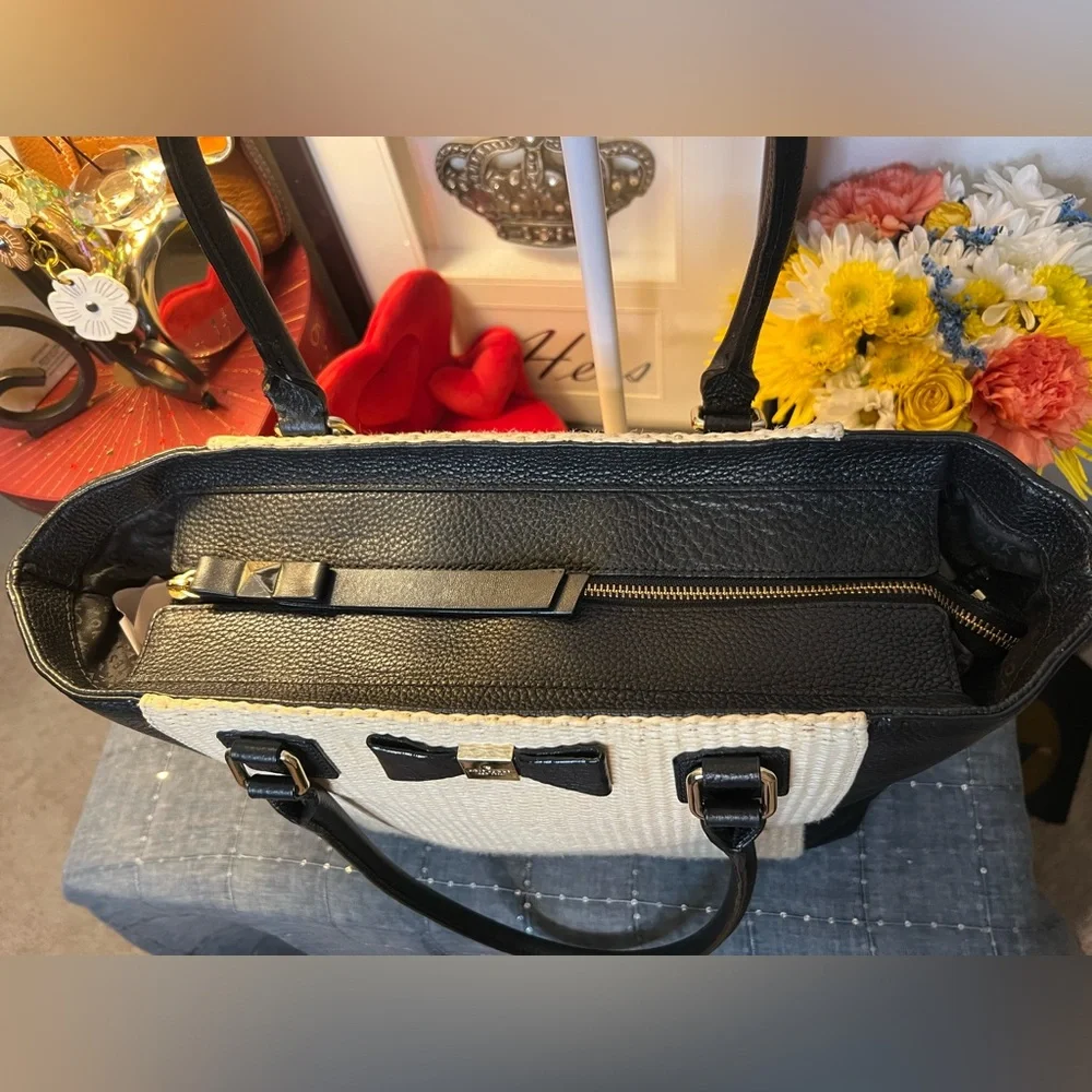 Kate Spade NY Renny Drive Francis straw & black leather Tote Shoulder Bag w Bow